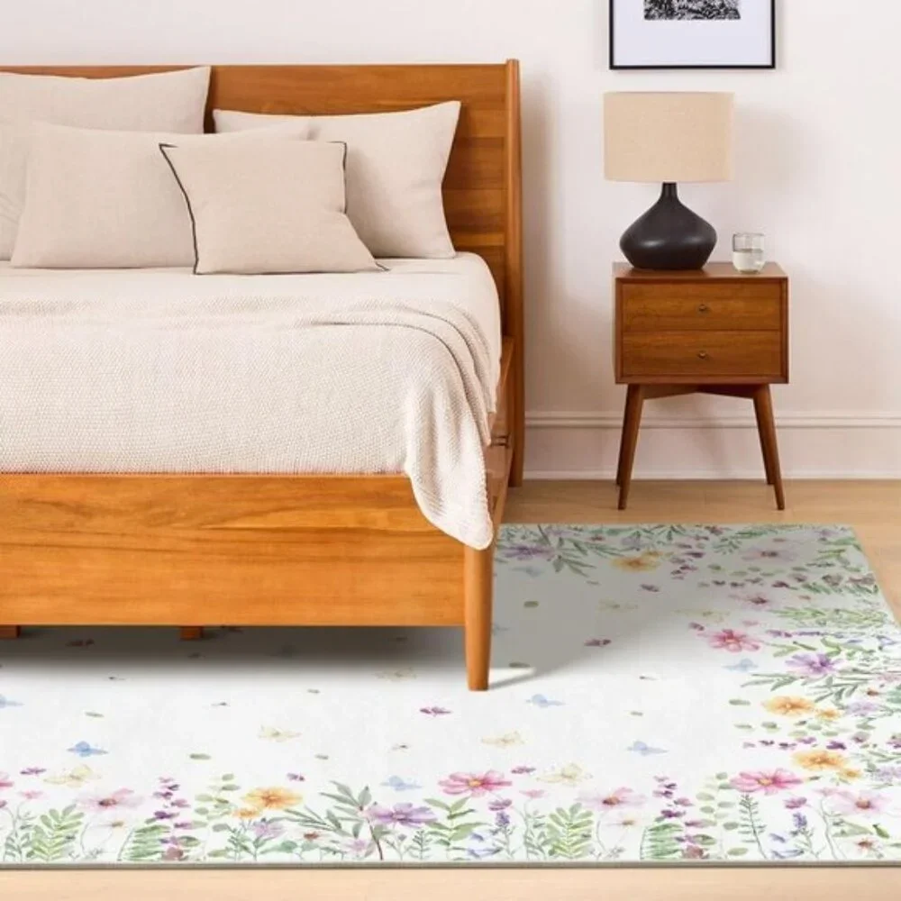 New 5x7 Spring Area Rug, Low-Profile Floral Butterfly Carpet for Entry & Bedroom